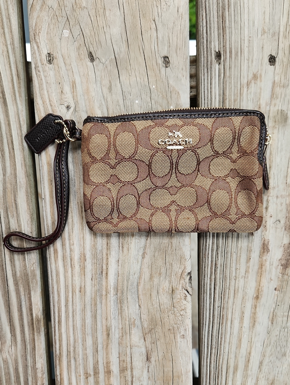 Coach Signature Canvas Wristlet in Brown/Tan